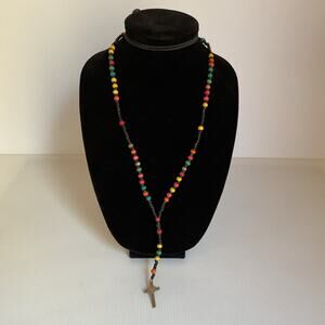 Colorful Wooden Bead Rosary with Metal Crucifix Handmade Catholic Prayer Beads